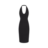 SMOOTH LAYERS PLUNGE HALTER MIDI DRESS | OBSIDIAN