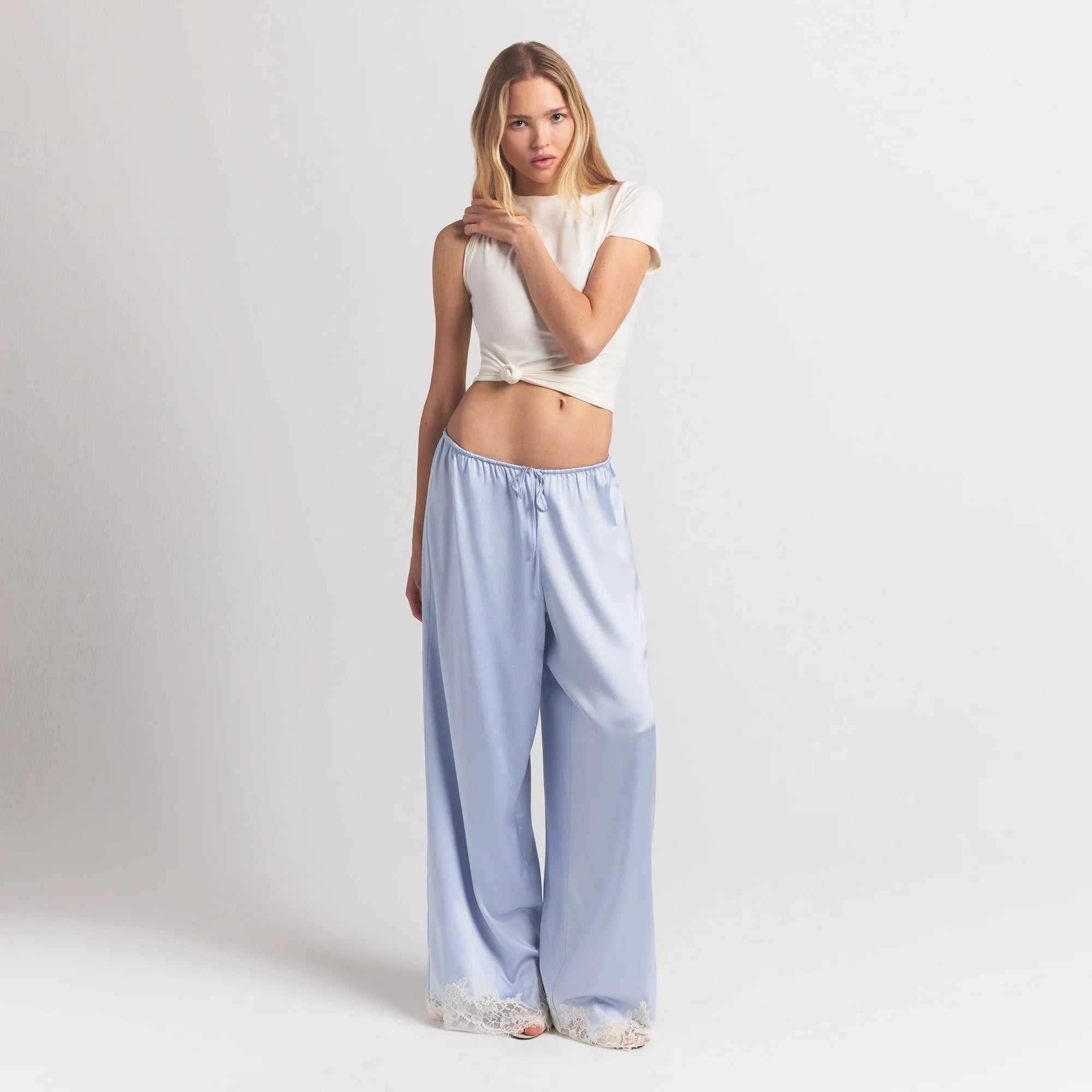 SILK LACE STRAIGHT LEG PANT | PERIWINKLE CONTRAST