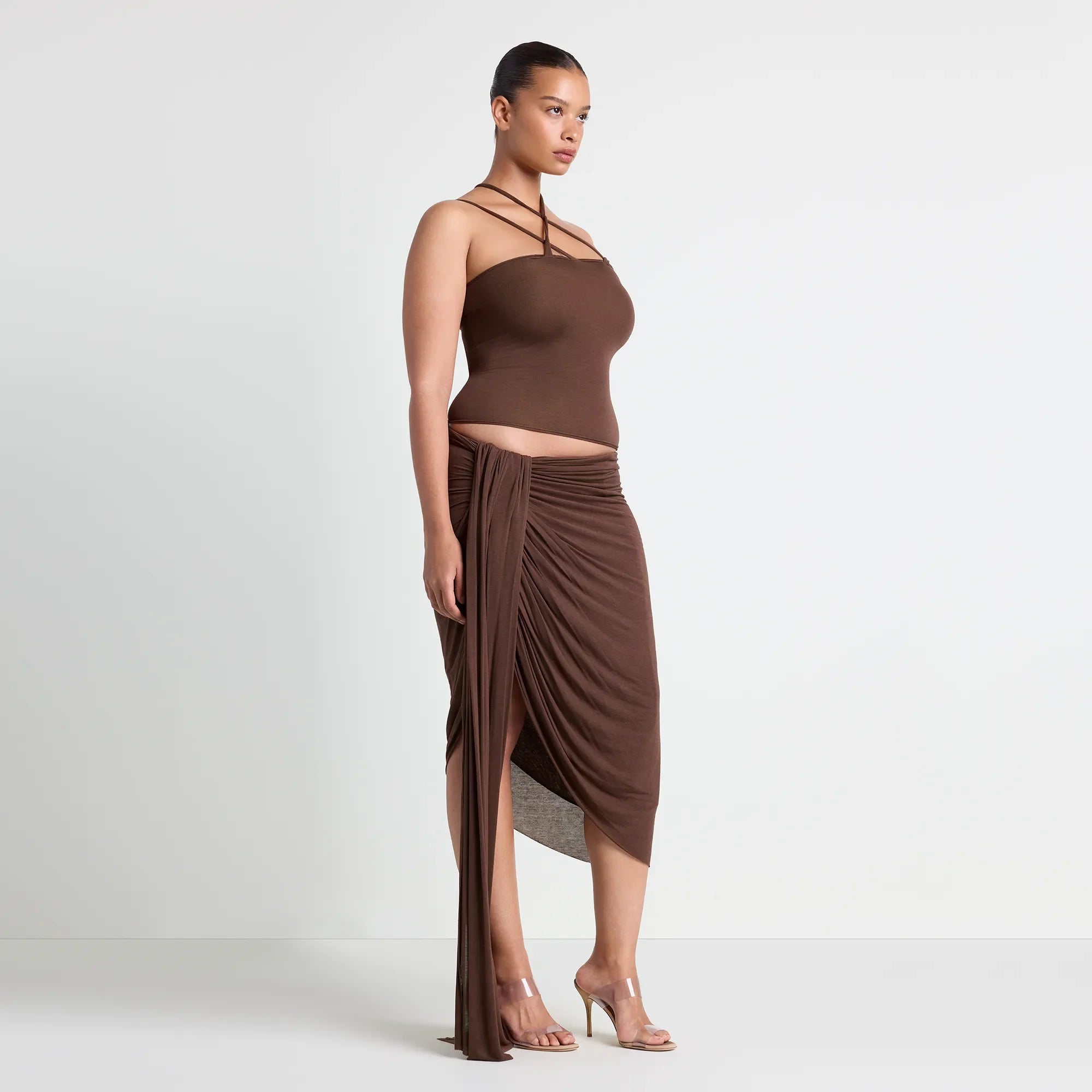 VETTESE X SKIMS SHEER MODAL DRAPED MIDI SKIRT  | COCOA