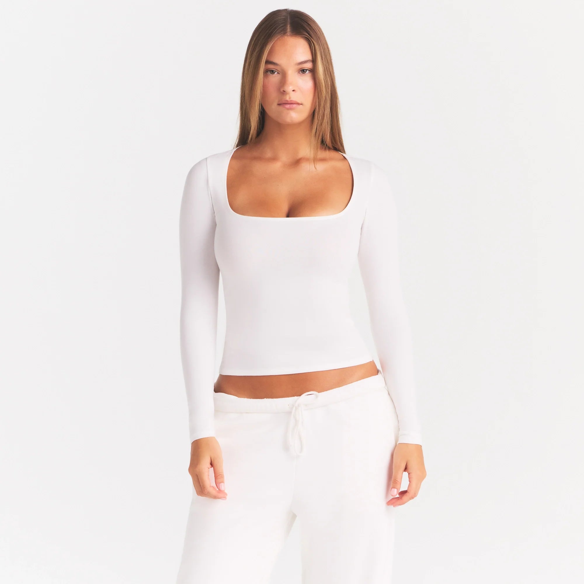 COTTON JERSEY SCOOP NECK LONG SLEEVE TOP | MARBLE