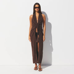 TERRY COVER-UPS DEEP PLUNGE HALTER WRAP DRESS | DARK SEPIA