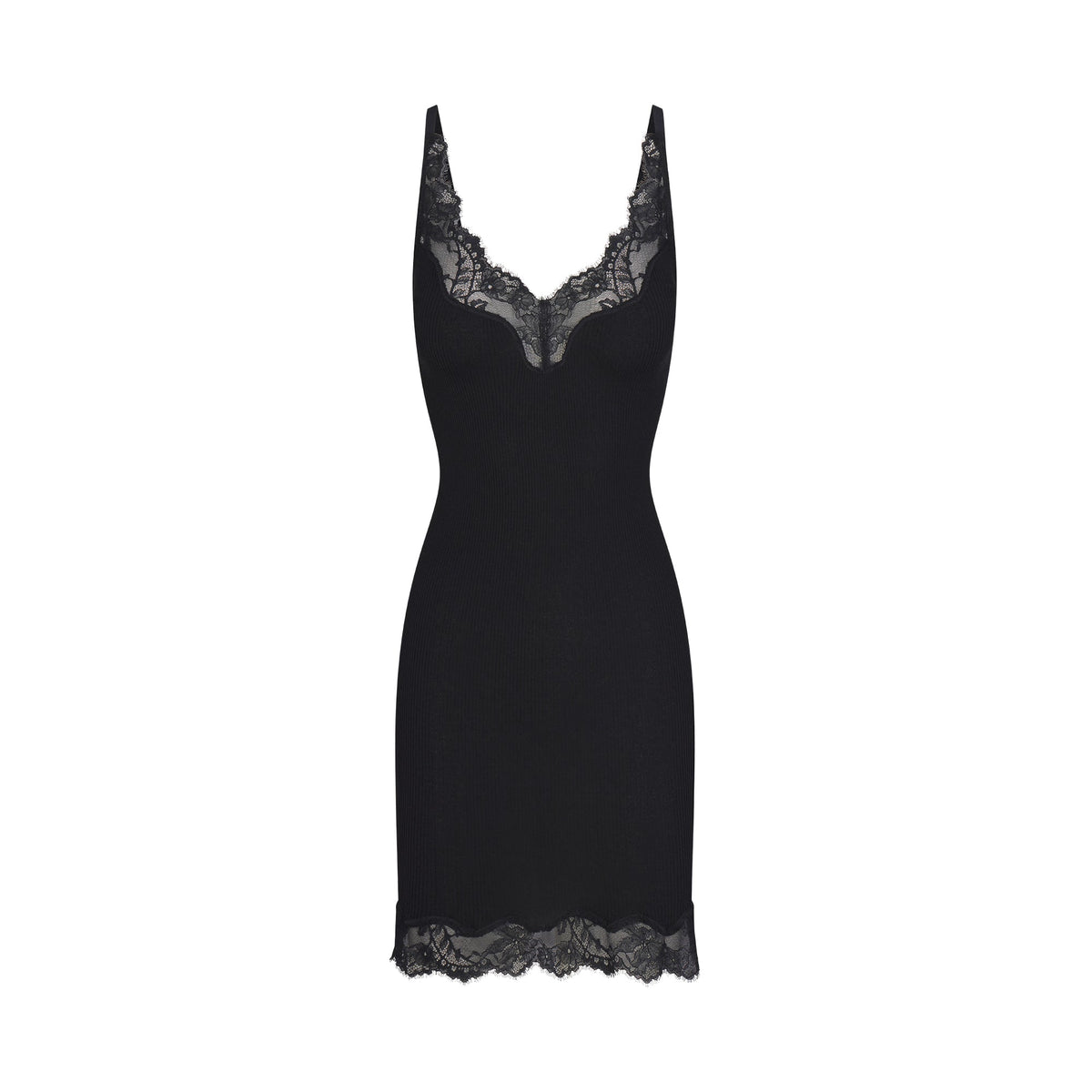 RIB KNIT LACE MINI DRESS | OBSIDIAN