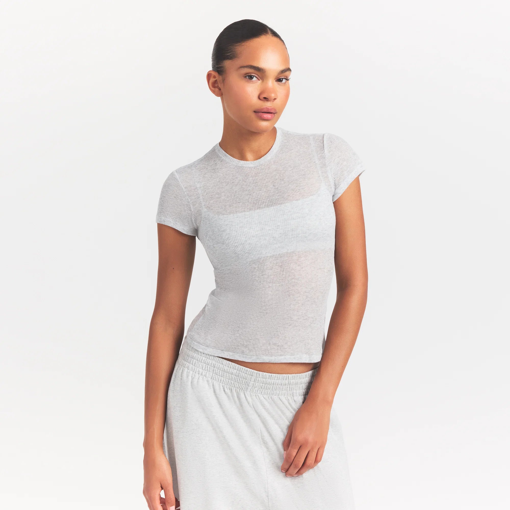 SHEER RIB T-SHIRT | LIGHT HEATHER GREY
