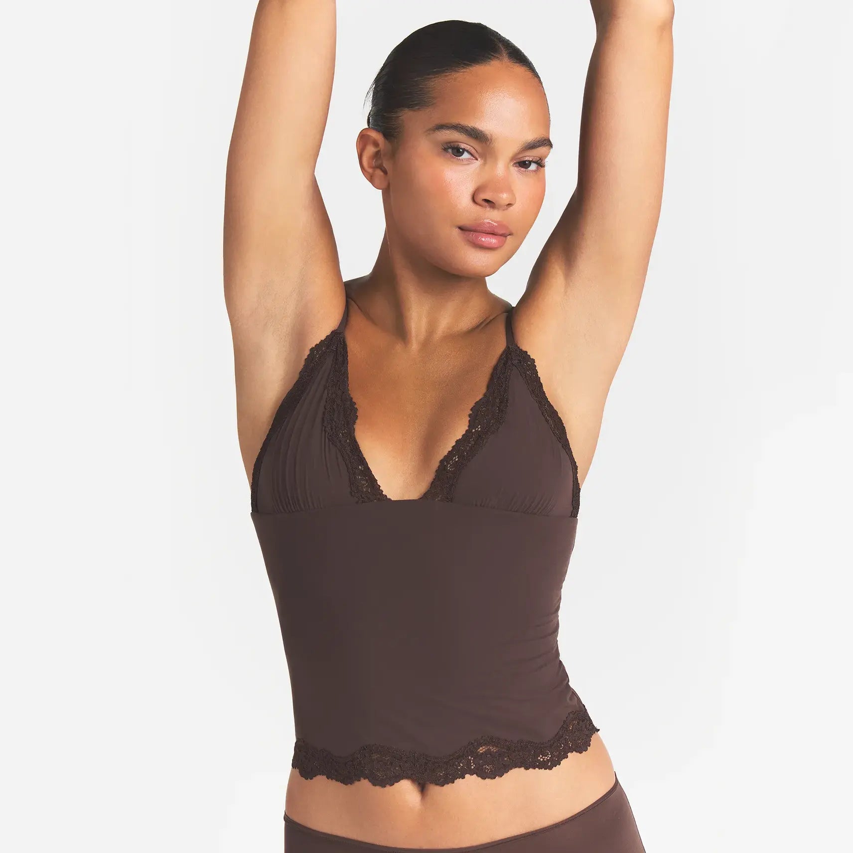 FITS EVERYBODY LACE TRIANGLE CAMI AND BOY SHORT SET | ESPRESSO
