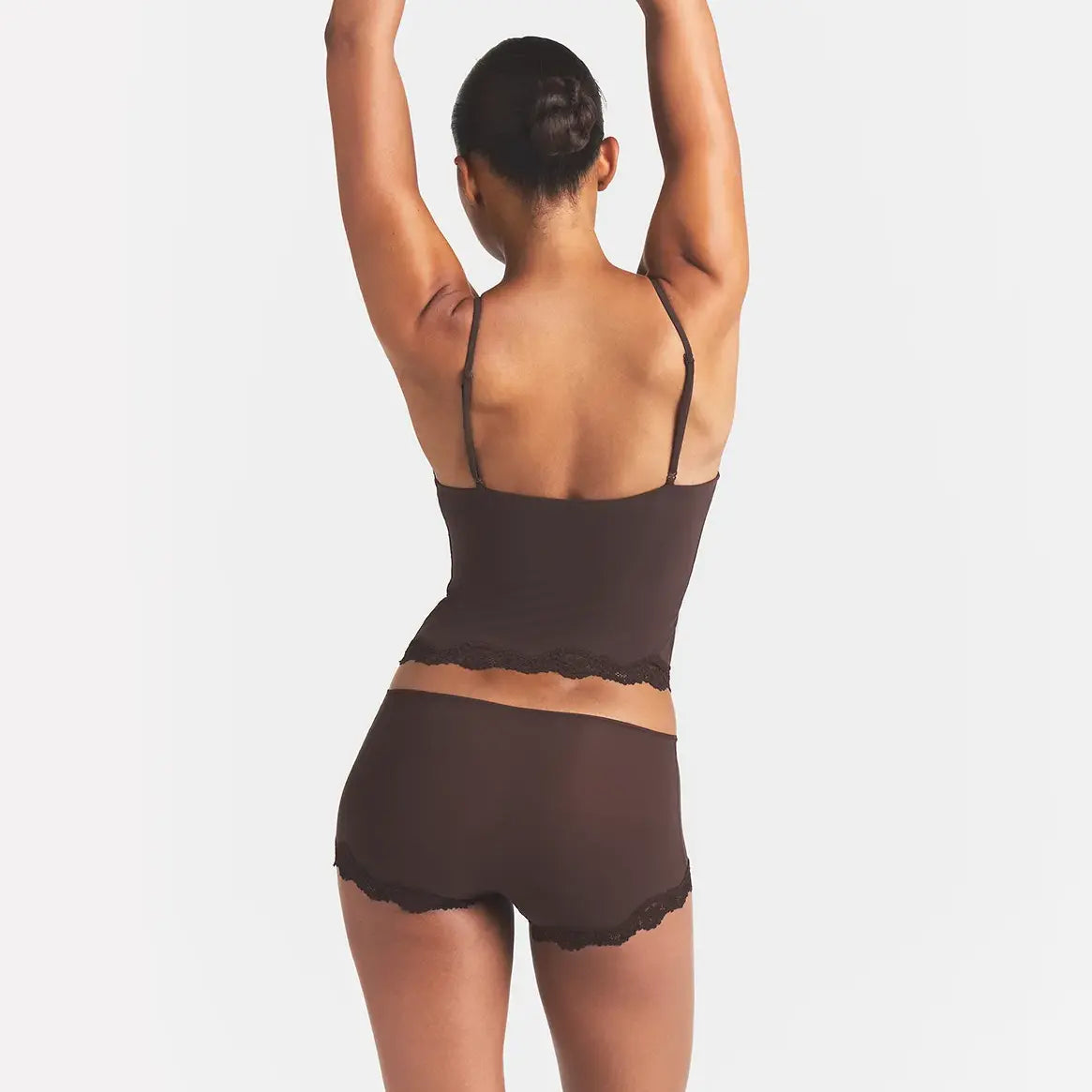 FITS EVERYBODY LACE TRIANGLE CAMI AND BOY SHORT SET | ESPRESSO