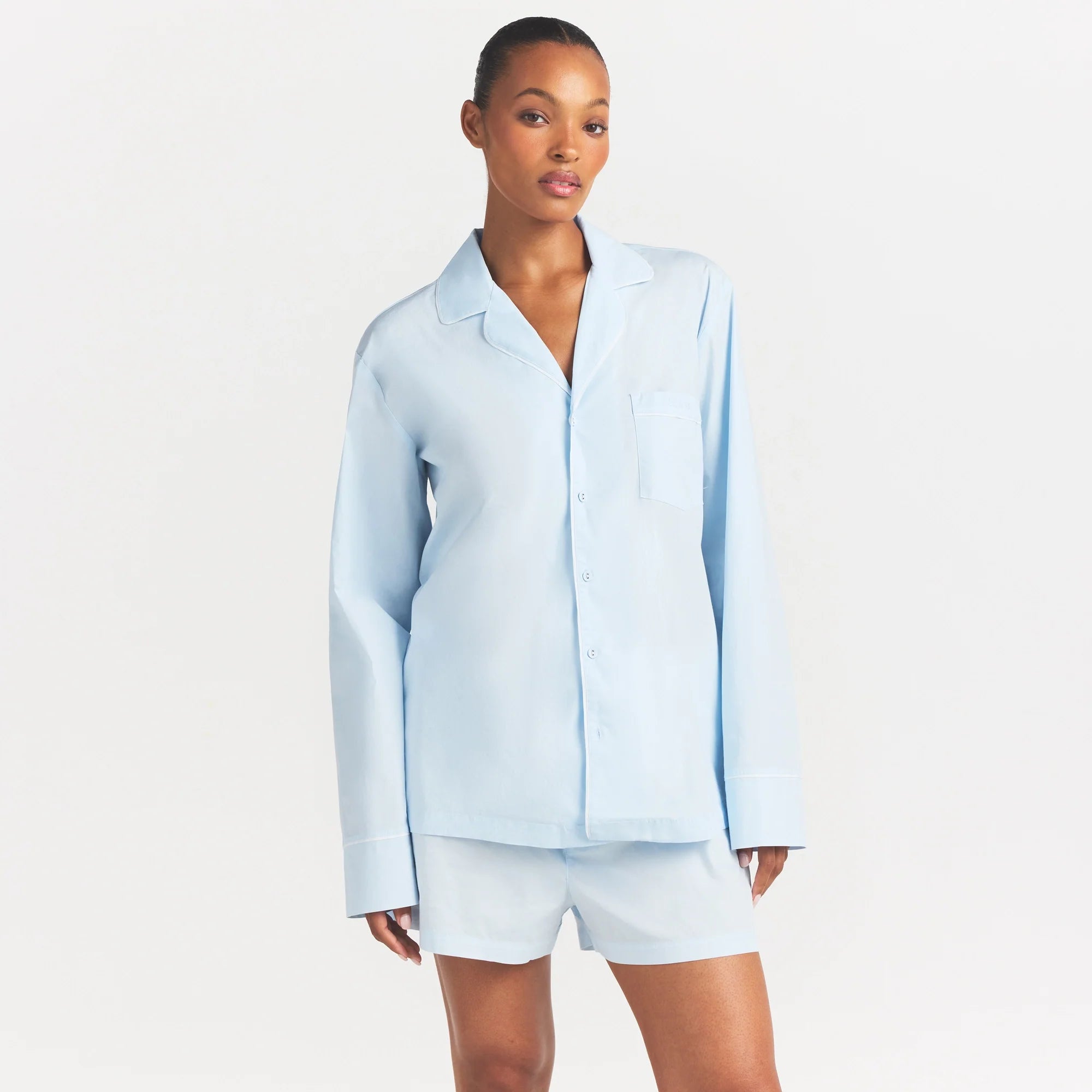 COTTON POPLIN SLEEP LONG SLEEVE AND BOXER SET | BABY BLUE CONTRAST