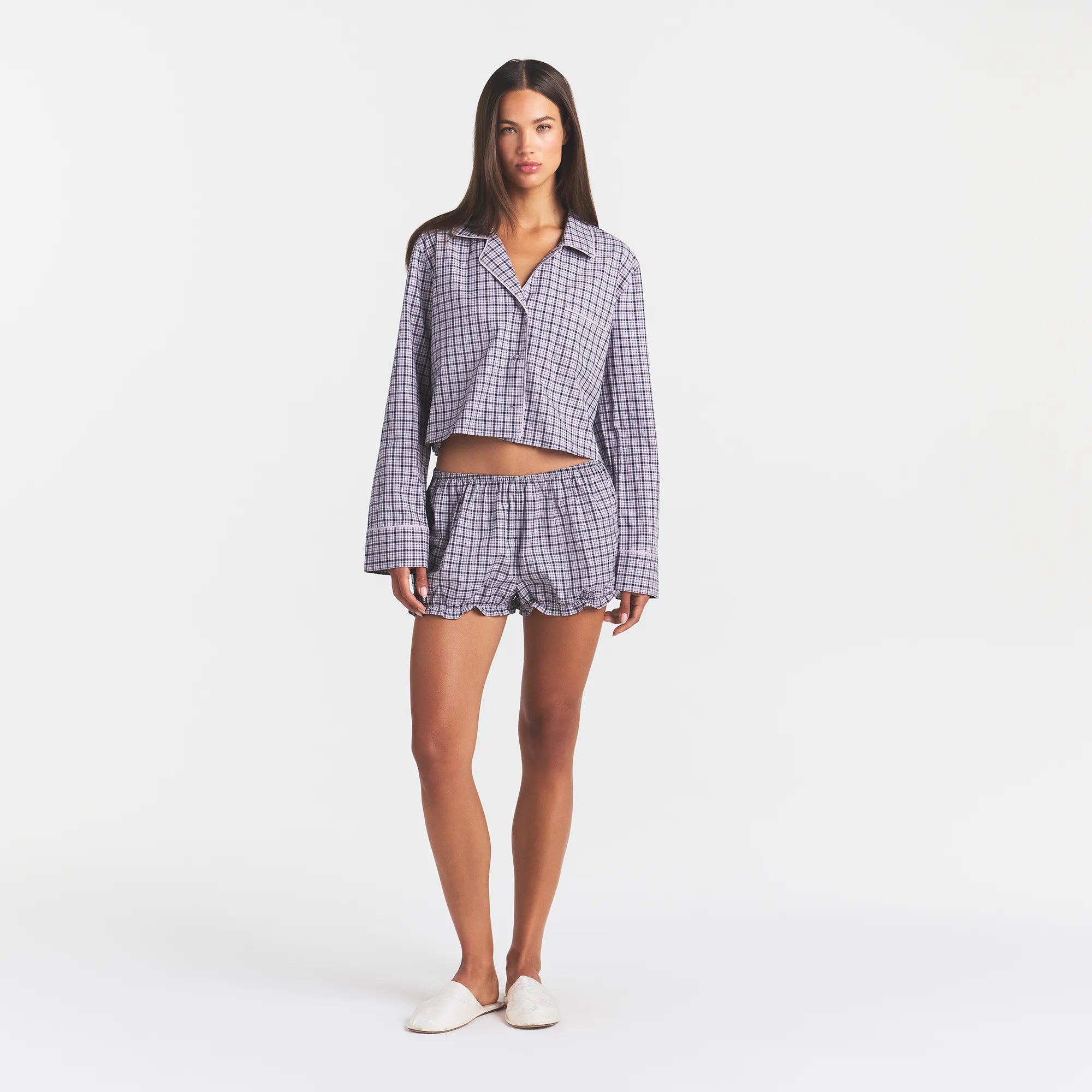 COTTON POPLIN SLEEP CROPPED BUTTON UP AND BLOOMER SET | IRIS MICA NAVY CHECK