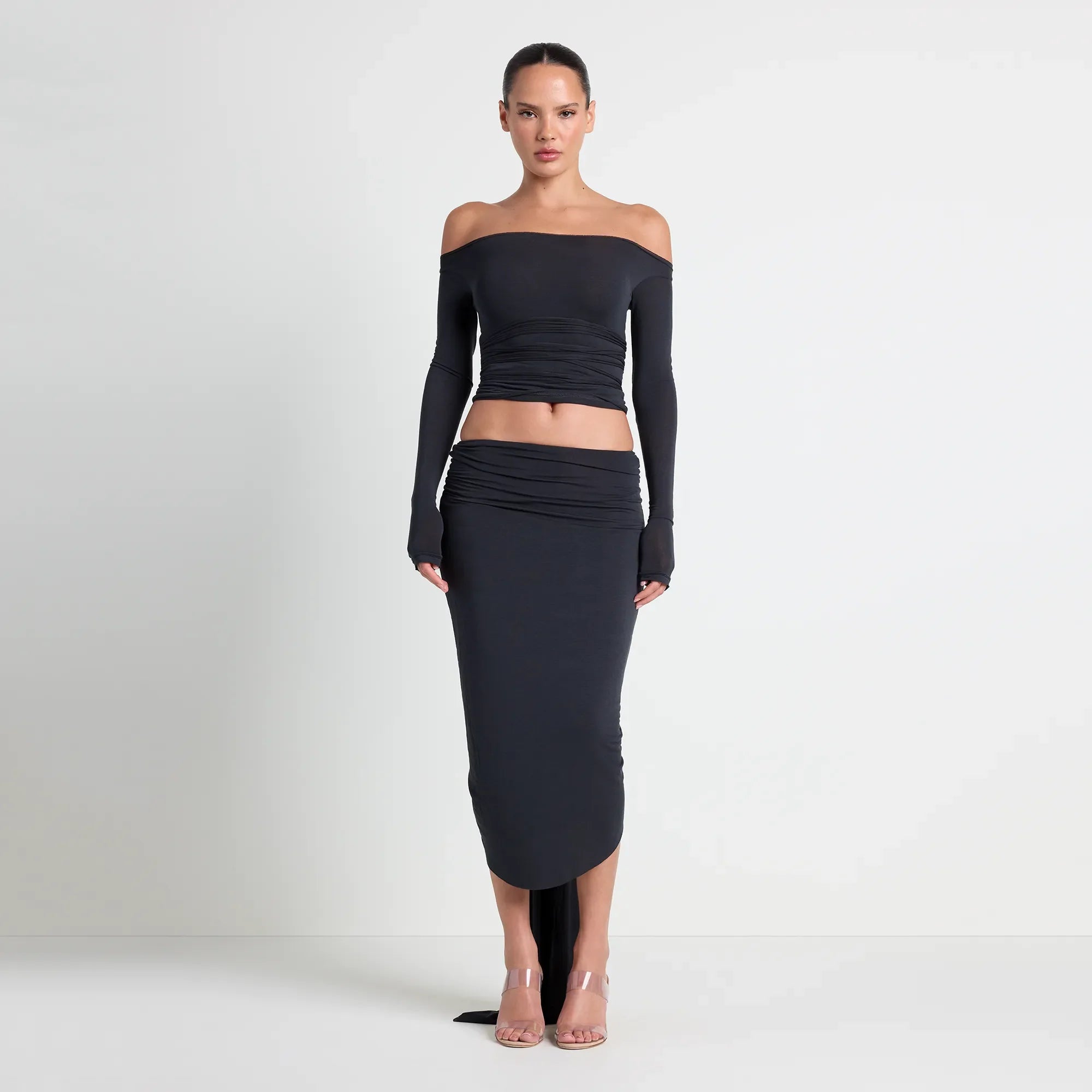 VETTESE X SKIMS SHEER MODAL OFF THE SHOULDER TOP | ONYX