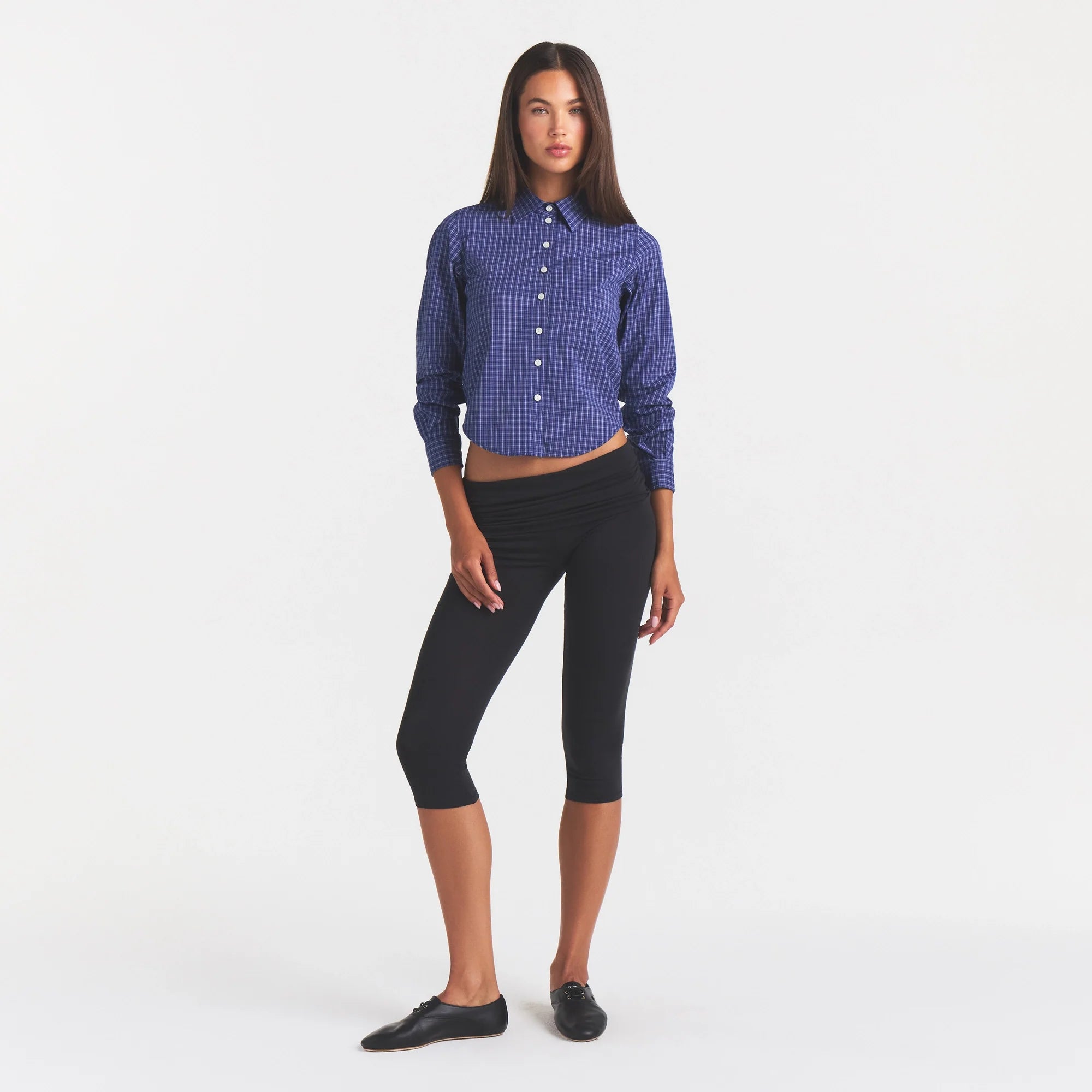 COTTON POPLIN SHRUNKEN BUTTON UP SHIRT | NAVY CHECK